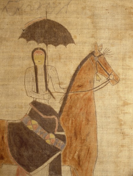 A cloth painting depicting a parade, a Sun Dance ceremony and scenes from daily life