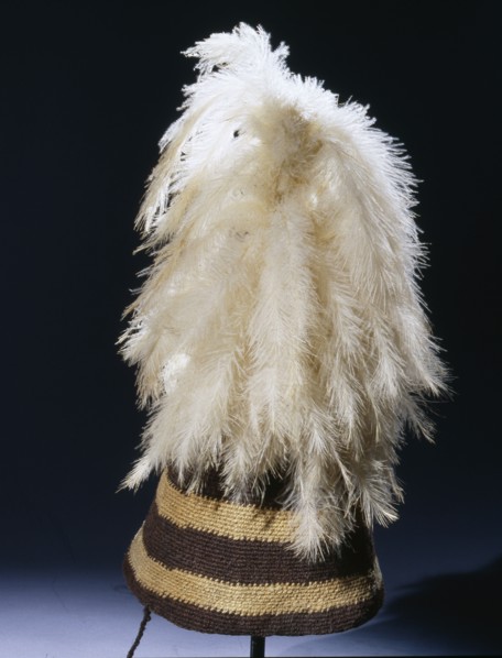 Hat with brown and tan stripes and white feather plumes