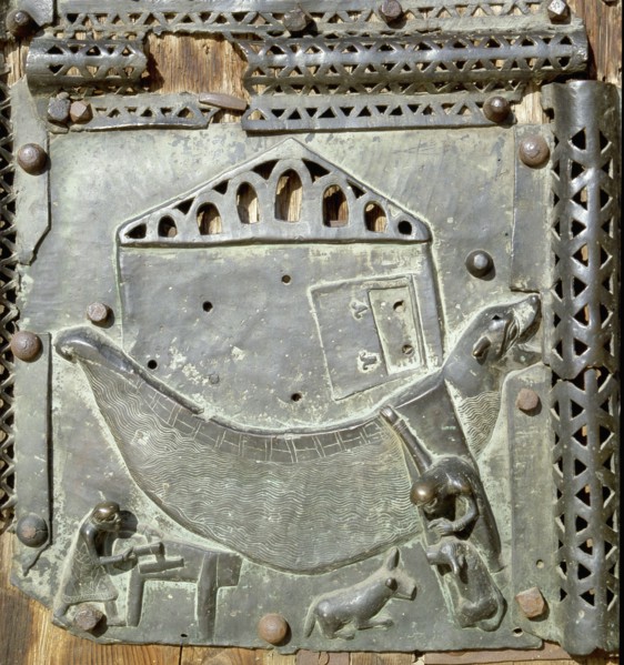 Detail of the bronze door of the Basilica of San Zeno which is decorated with 48 panels illustrating biblical stories and the lives of St Peter, St Paul, St Zeno, St Helena among others, and items con...