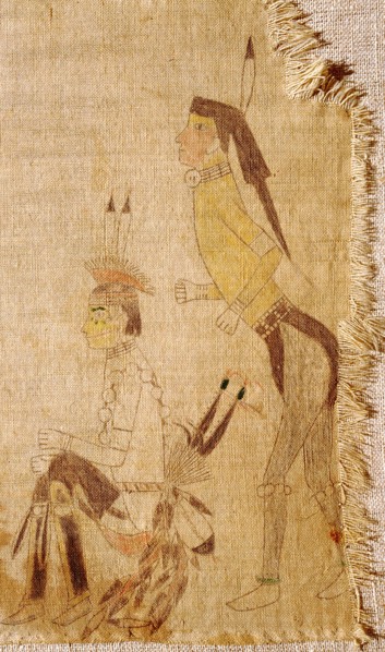 A cloth painting depicting a parade, a Sun Dance ceremony and scenes from daily life