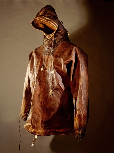 Waterproof sealskin parka with cords around the wrists, face and waist