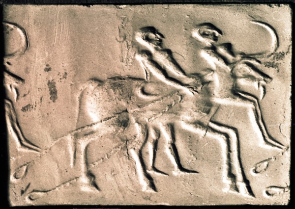 A man walks beside an ox which drags its traces along the ground