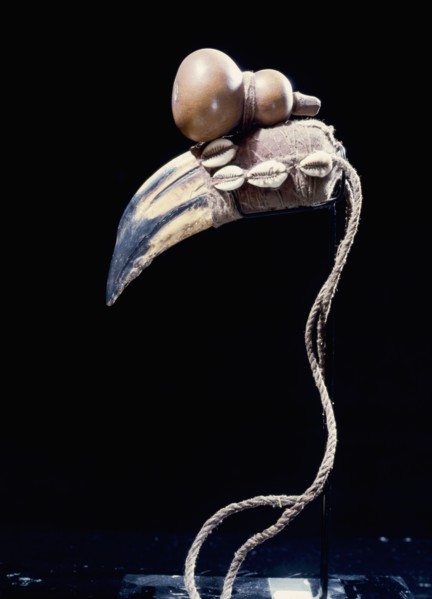 A powerful medicinal object, known as a bocio, accumulating a variety of animal and vegetable parts, including a hornbills beak to which is tied a calabash symbolic of hidden medicine
