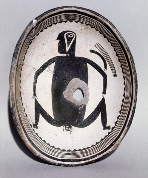 Pottery bowl with drawing representing childbirth