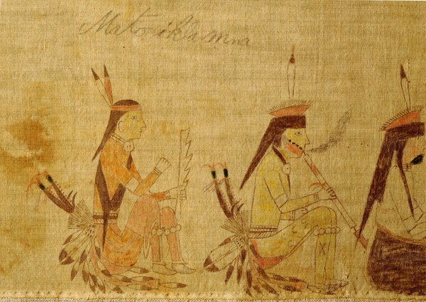 A cloth painting depicting a parade, a Sun Dance ceremony and scenes from daily life