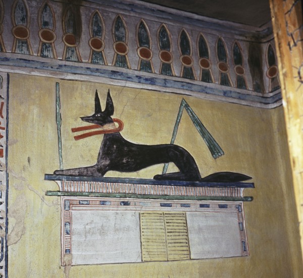 A detail of a wall painting in the tomb of Khaemwaset, a son of Ramses II depicting Anubis, the jackal headed god of mummification