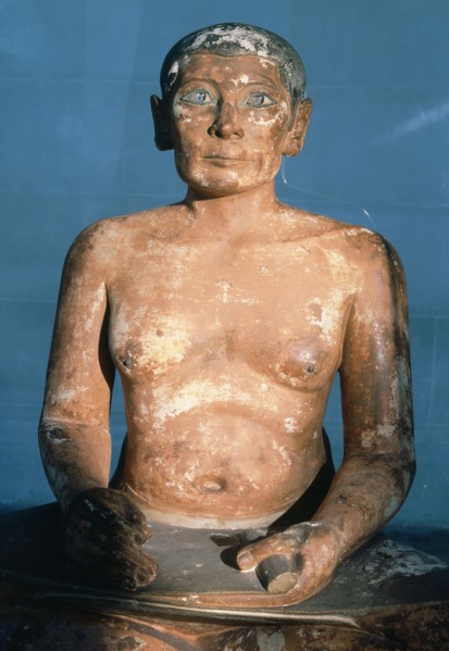 The Scribe du Louvre shows a man in the typical squatting posture of a scribe with a roll of papyrus on his lap