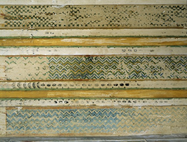 An uninscribed false door in the tomb of the vizier Ptah hotep at Saqqara painted with a decorative mat pattern