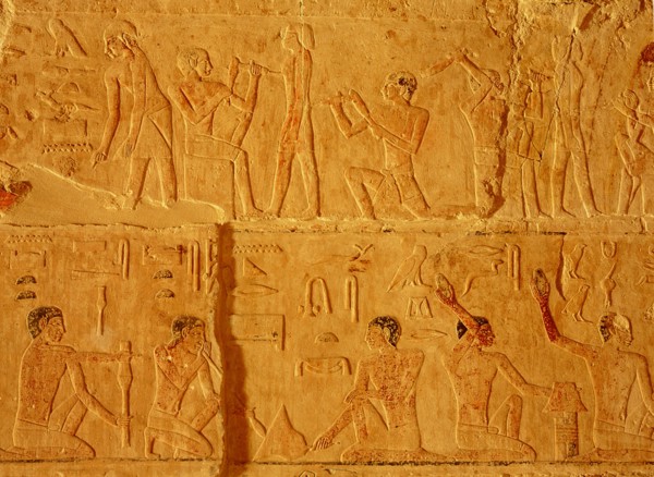 A relief from the mastaba of Niankhkhnum and Khnumhotep, priests and oversees of the palace manicurists of King Neweserra