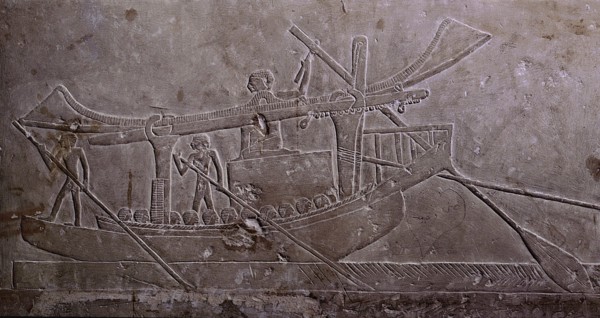 A limestone relief from the tomb of Ipi depicting a boat with its sail furled and carrying a huge block of stone