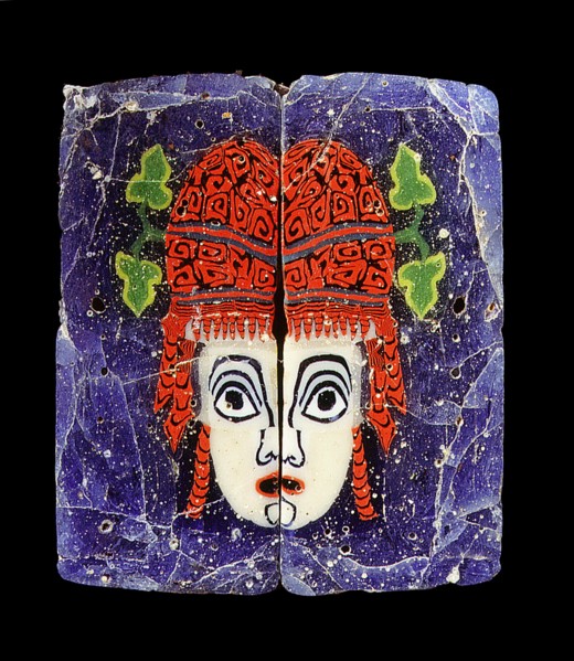 Glass fragment, a hetaira ( courtesan ) theatrical half mask