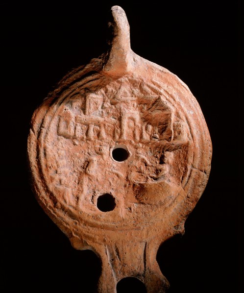 Oil lamp with schematized view of the harbour of Alexandria where the tombs of Alexander the Great, Antony and Cleopatra and the mausoleum of Augustus were erected