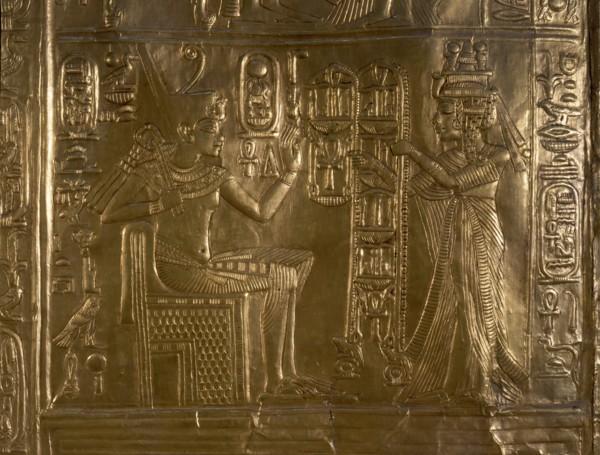 A detail of the gilt shrine of Tutankhamun which originally contained statuettes of the royal couple