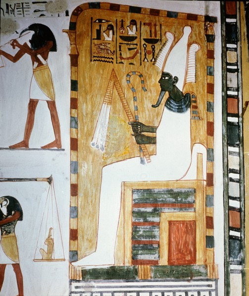 A detail of wall painting in the tomb of Menna showing the judgement of Osiris who appears in his green form as god of fertility