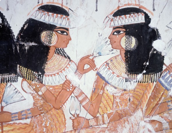 A detail of a wall painting from the tomb of Nebamun depicting women guests at a banquet