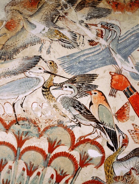 A detail of a painting from the tomb of Nebamun showing him standing on a reed boat hunting birds in the papyrus marshes using throwsticks and three decoy herons