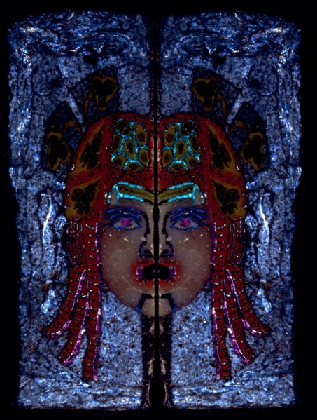 Glass fragment, a hetaira ( courtesan ) theatrical half mask