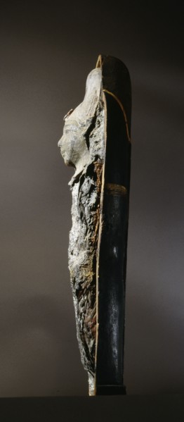In the mummiform case is contained the body of Osiris, made of earth with germinated grains, symbolising the resurrection of the god