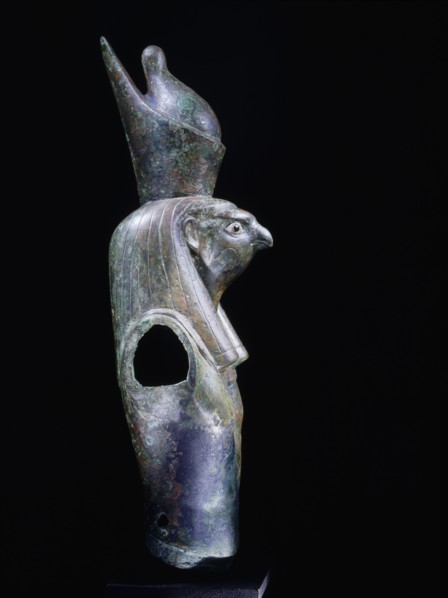 Fragment of statue depicting Horus wearing the double crown of upper and lower Egypt