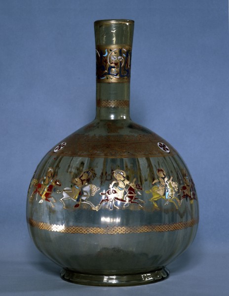 Mamluk glass hookah base decorated with images of polo players, Country of origin: Egypt