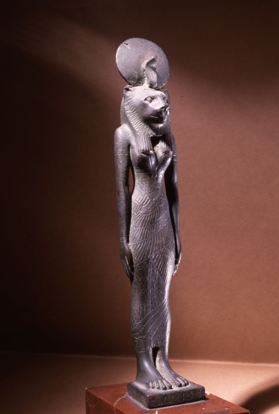 Bronze figure of the lion headed goddess Sekhmet with sun disc and uraeus