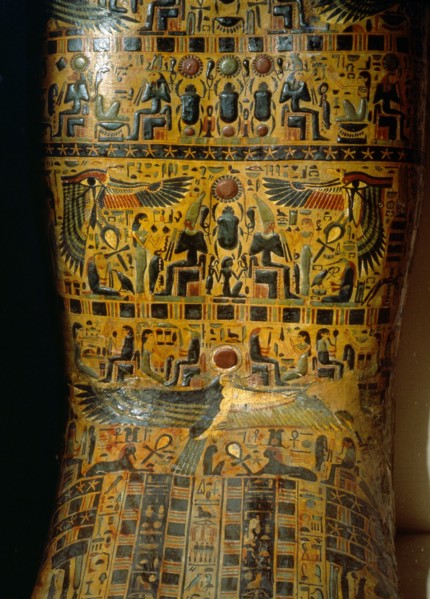 Detail of the exterior of a coffin,decorated with scenes from the Osirian and solar mythology