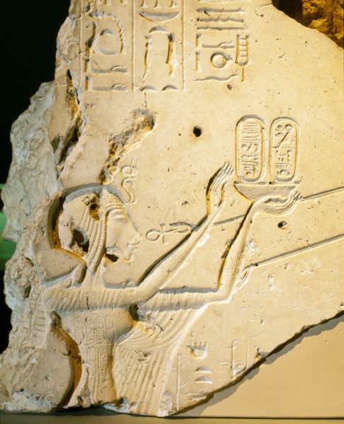 A detail of a relief showing Nefertiti worshipping the Aten