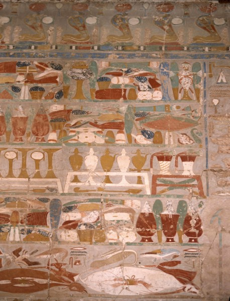 A wall painting in the Chapel of Anubis at the temple of Hatshepsut depicting offerings