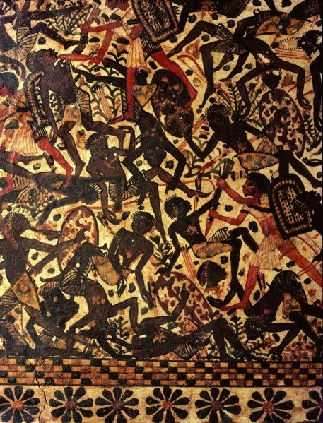 A scene painted on the side of a casket of Tutankhamun depicting a battle against the Nubians