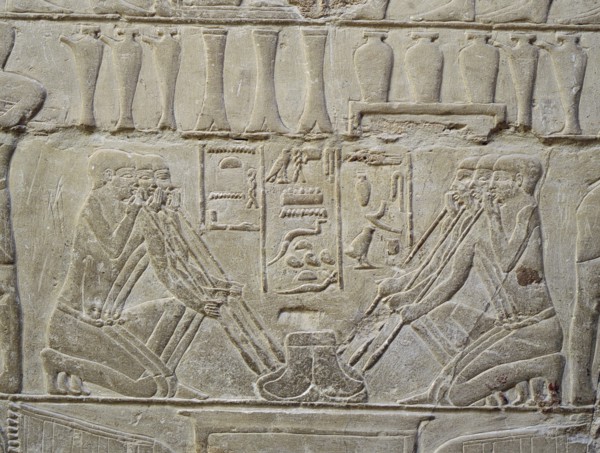 A detail of a relief in the tomb of Mereruka which depicts metalworkers and dwarfs employed in the manufacture of jewellery