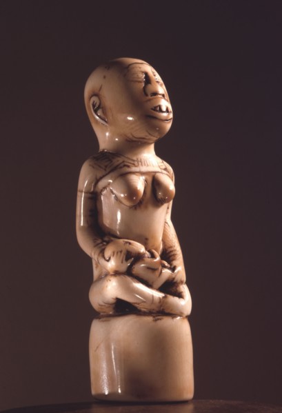 Ivory staff or sceptre finial, a prestige carving for royal or chiefly use, depicting a matrilineal ancestor