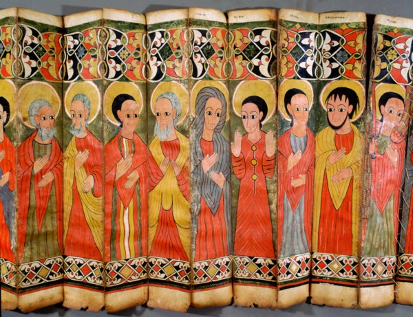 A fragment of a ceremonial fan depicting Ethiopian saints