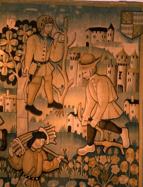 A detail of a tapestry depicting work in the vineyards