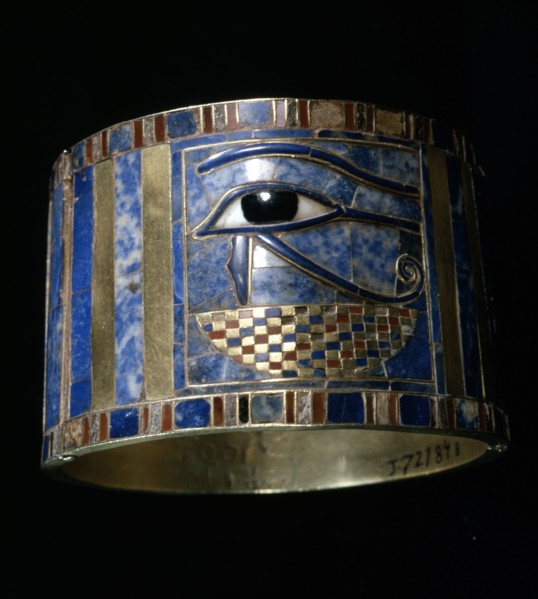 One of a pair of bracelets found on Shoshenq IIs body with representations of the Wedjat eye upon a basket
