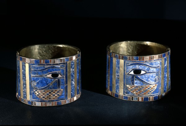 Pair of bracelets found on Shoshenq IIs body with representations of the Wedjat eye upon a basket