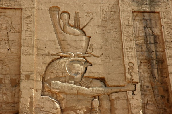 Outer wall of the Pylon relief depicting Horus the Elder wearing the crowns of upper and lower Egypt