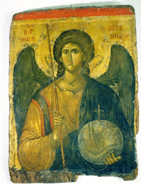 An icon with the image of the Archangel St Michael holding a staff and a globe surmounted by the Cross