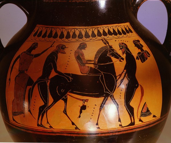 Detail of the black figured Athenian amphora with the scene from the cult of Dionysus