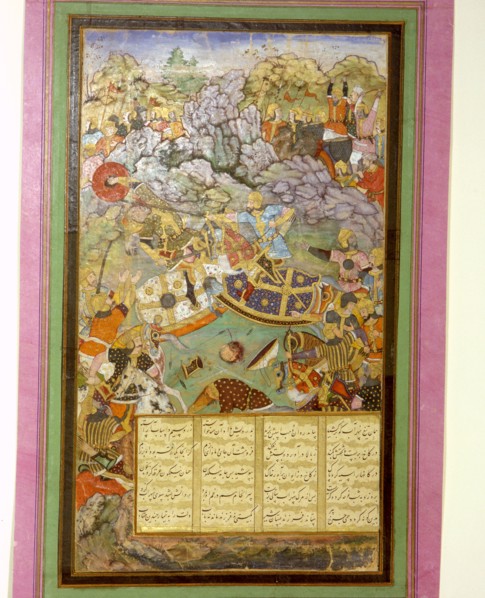 Miniature painting depicting Tambal attacking his cousin Babur, while their armies battle in a rocky landscape