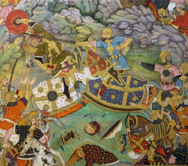 Miniature painting depicting Tambal attacking his cousin Babur, while their armies battle in a rocky landscape