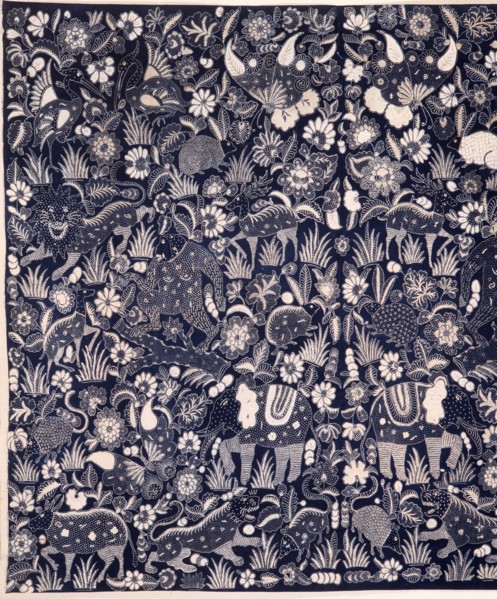 A batik kain (long cloth usually worn as a wrapper) with a design of elephants, lions, deer and other wild animals
