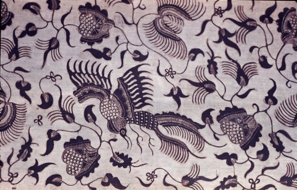 Detail of a silk batik slendang (shawl) with a design of birds and flowers in a pattern known as Morning Freshness used for slendang intended as wedding gifts