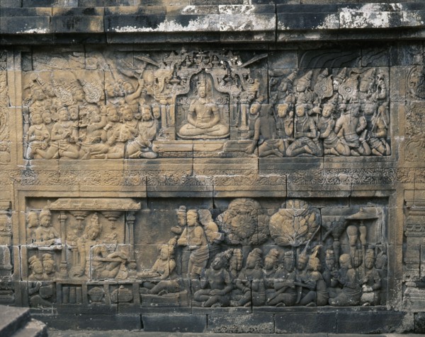 The reliefs on the terraces of Borobudur depict scenes from the life of the Buddha