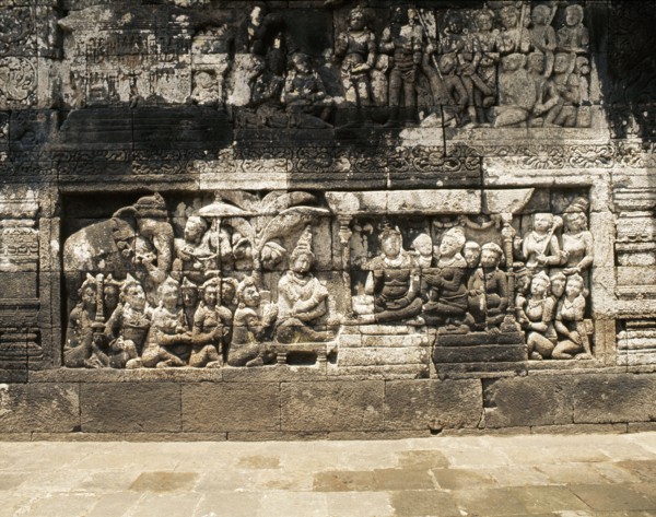 The reliefs on the terraces of Borobudur depict scenes from the life of the Buddha