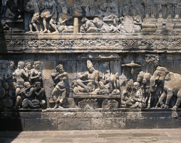 The reliefs on the terraces of Borobudur depict scenes from the life of the Buddha