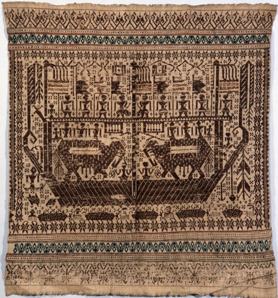 Large boats carrying people, animals, banners, and shrines, were common on a range of complex supplementary weft textiles from Lampong