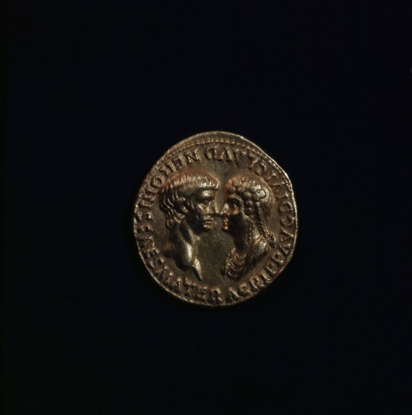 A coin minted in Rome showing busts of Nero and Agrippina facing
