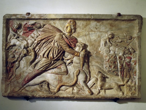 A relief of Mithras slaying the bull, the first of living creatures from whose blood, corn and all other forms of life arose