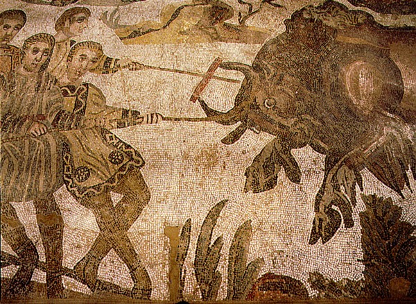 Detail of a mosaic pavement showing the loading of wild African animals to a ship