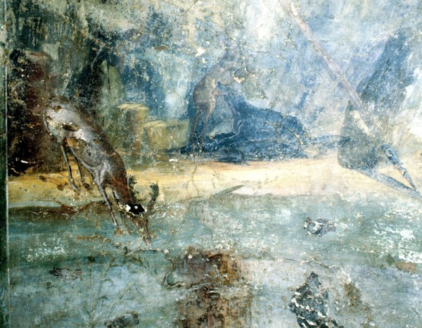 Detail of a fresco showing a deer drinking